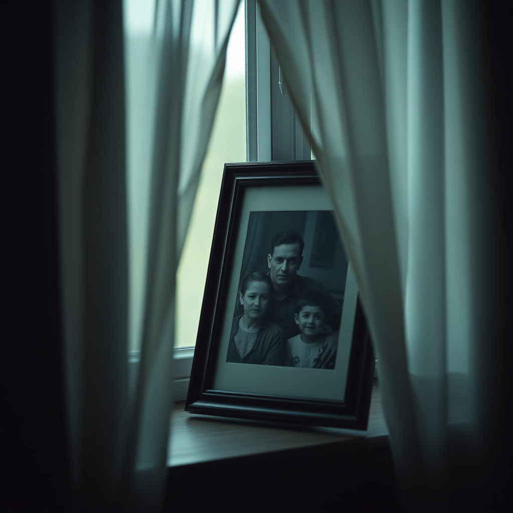 Tilted portrait and torn curtain