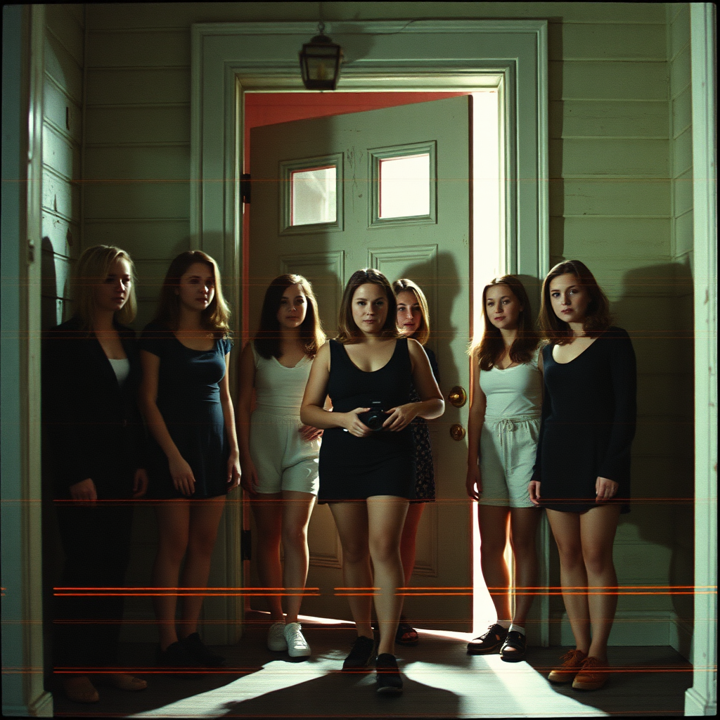 Seven women on old house porch, glitched tape still