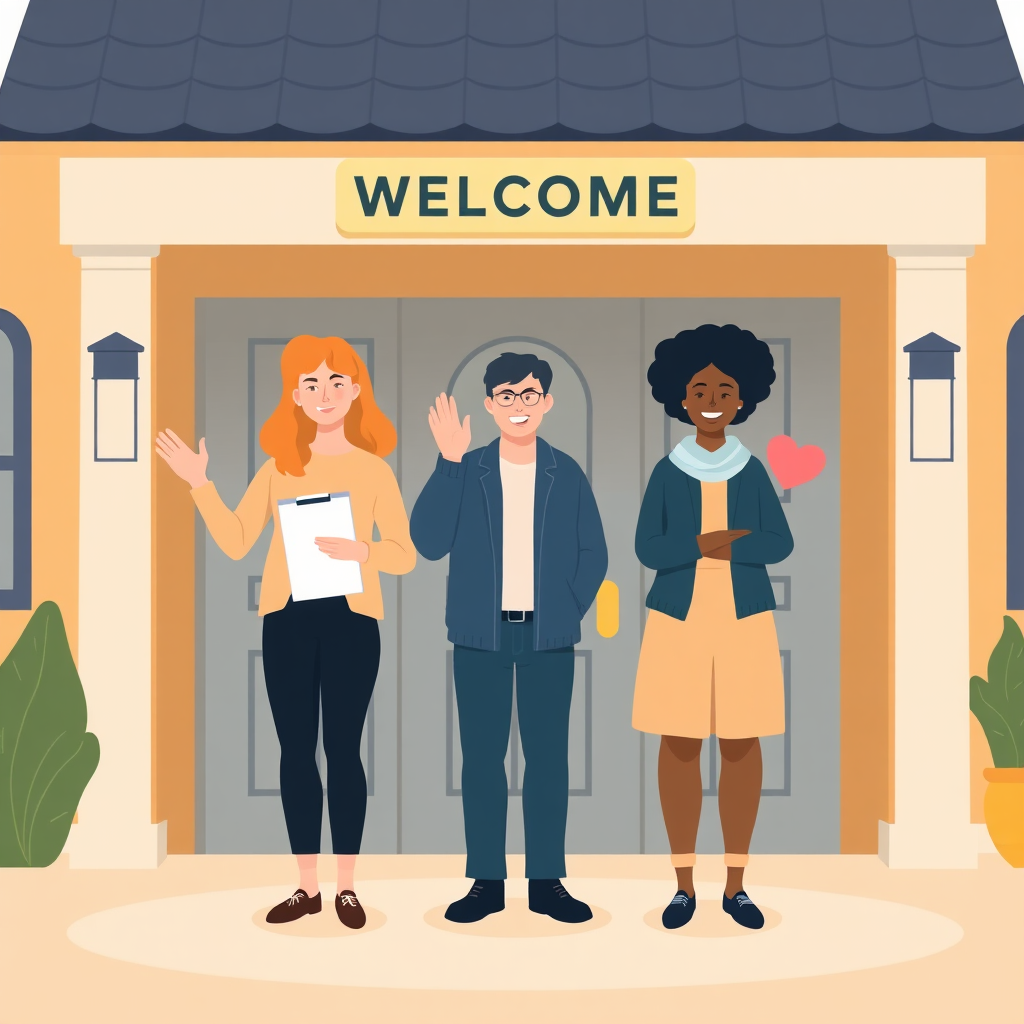 Contact illustration with people and a friendly house