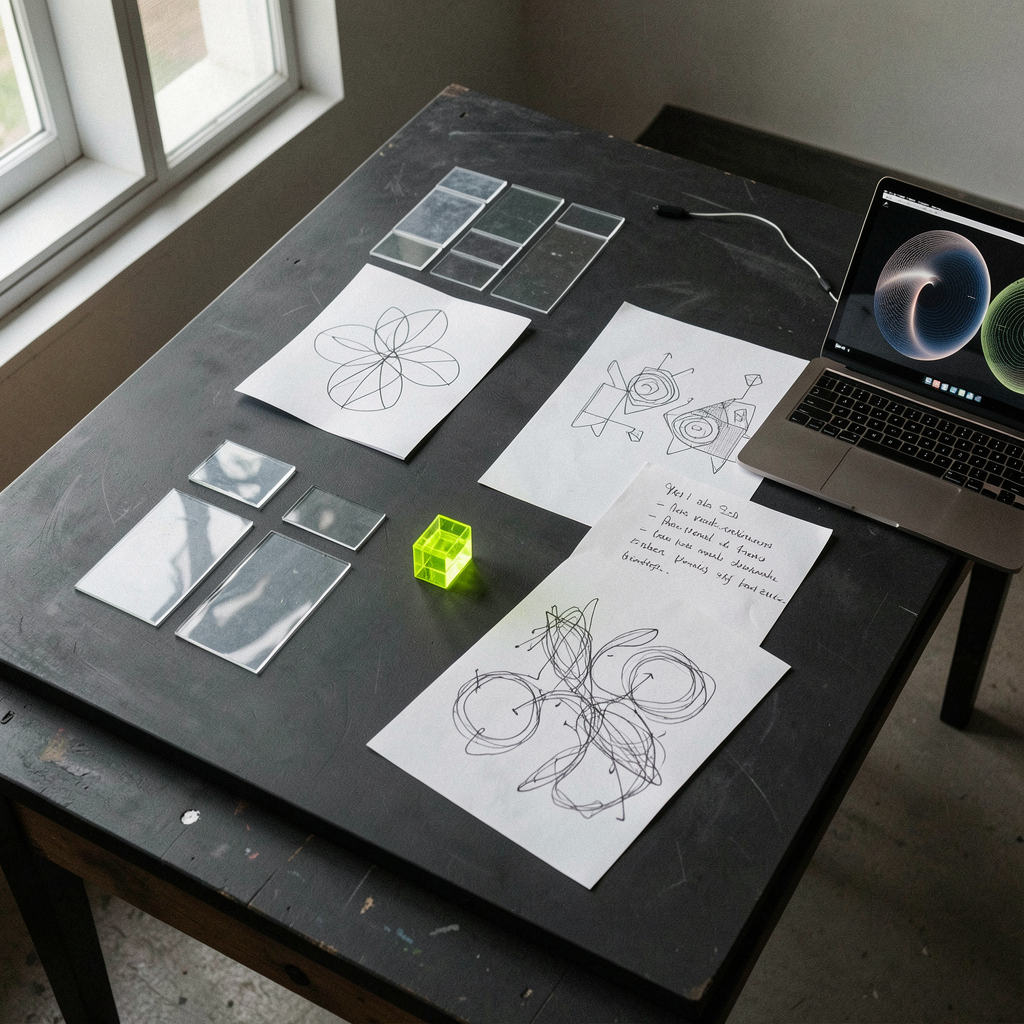 Creative materials arranged in a dark studio