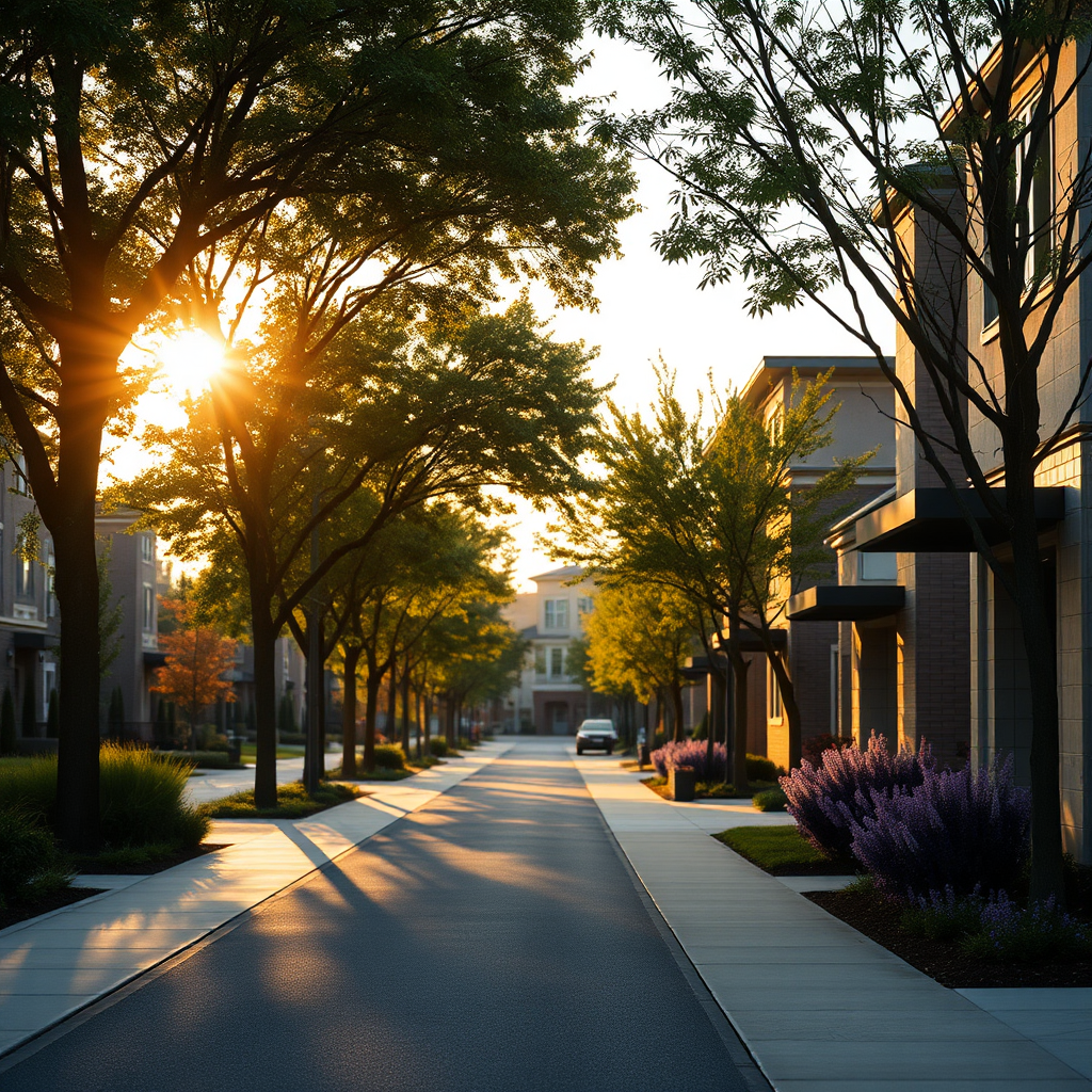 Tree-lined neighborhood street at golden hour