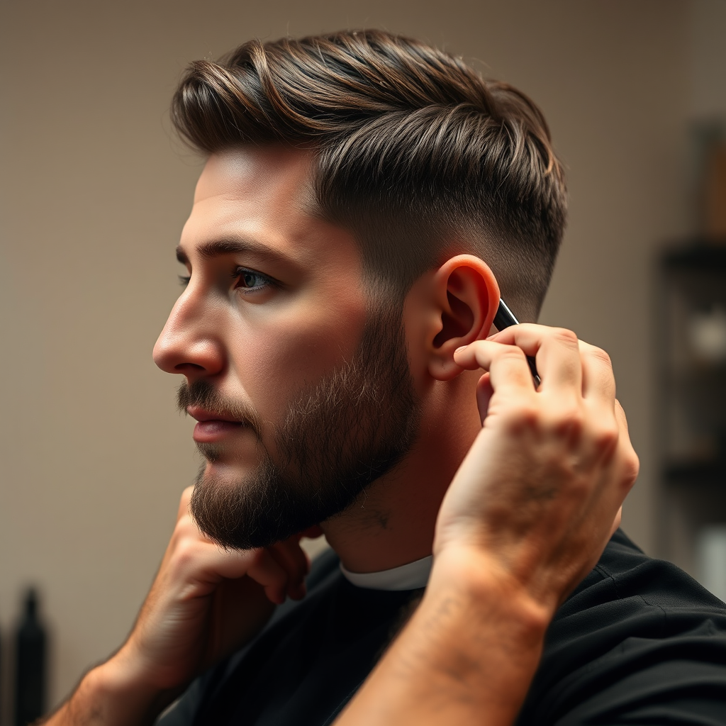 Barber applying finishing touches after a cut