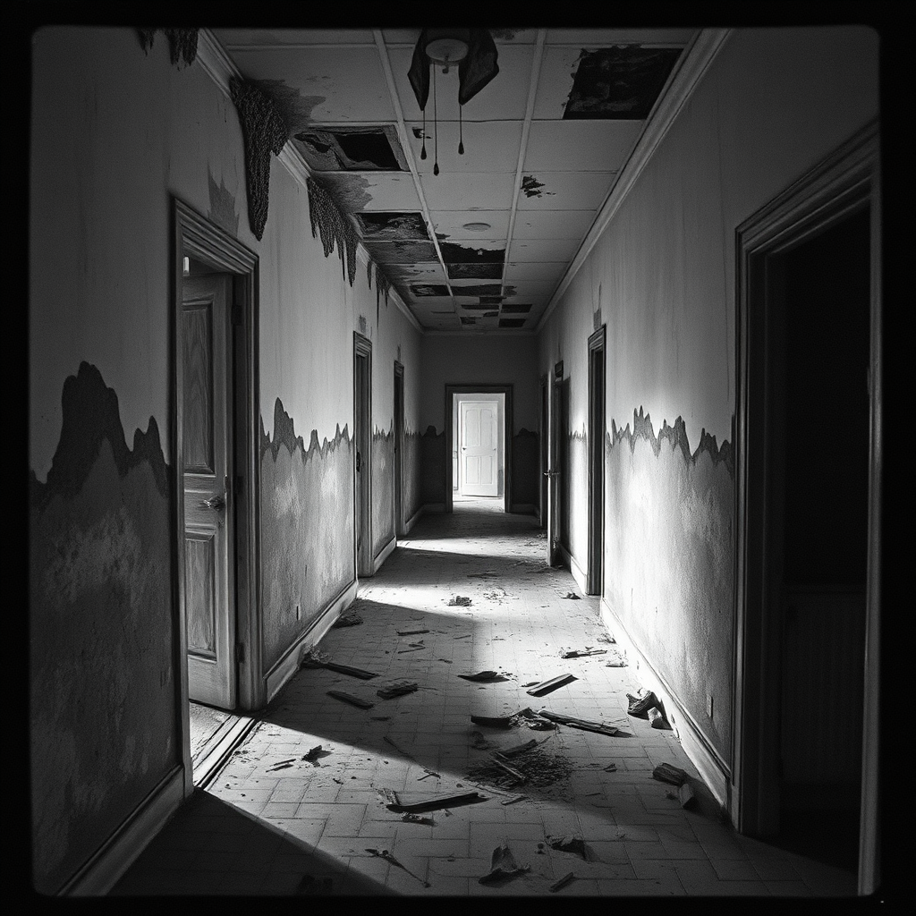 Collapsed hallway, missing doors