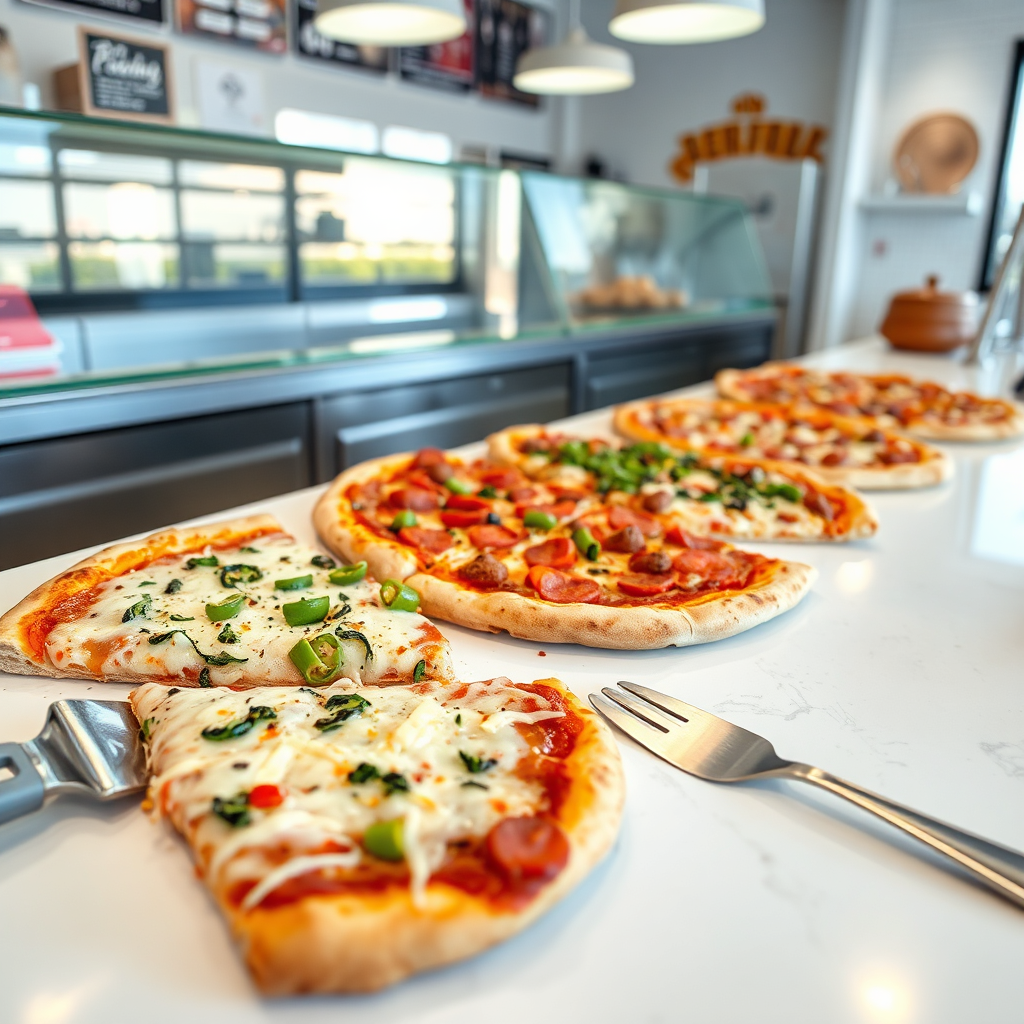 Assorted pizza slices at counter