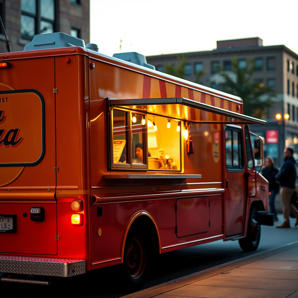 Oven-orange pizza truck at sunset