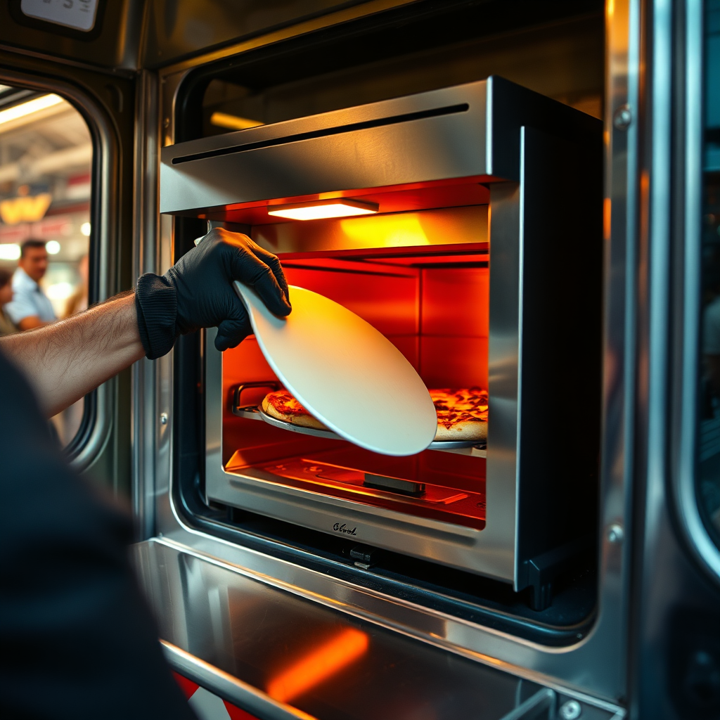 Pizza sliding into truck oven