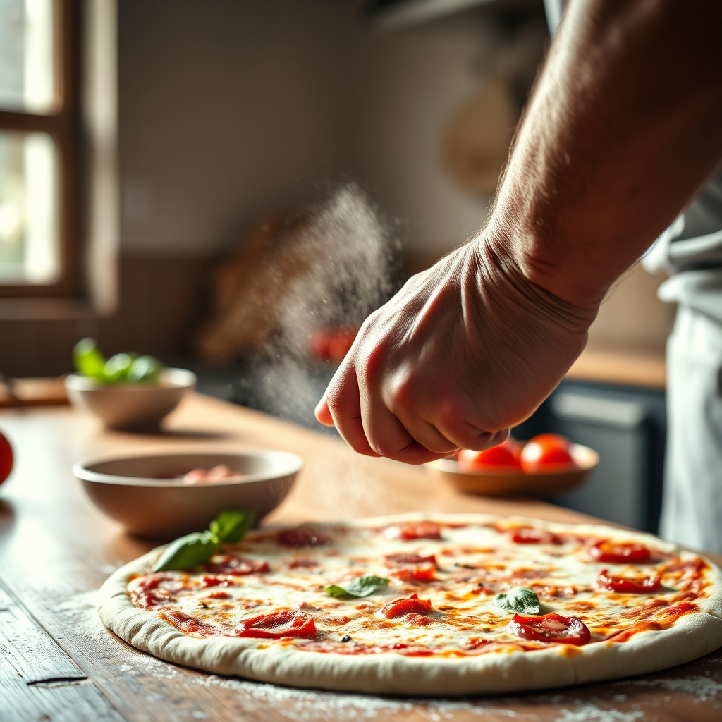 Hands stretching pizza dough in warm light