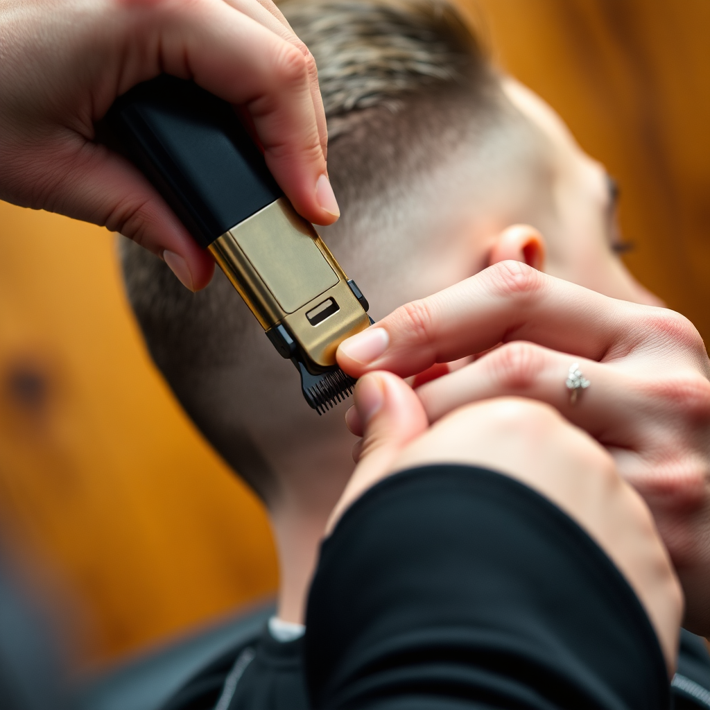 Hands of barber shaping a fade with clippers and comb