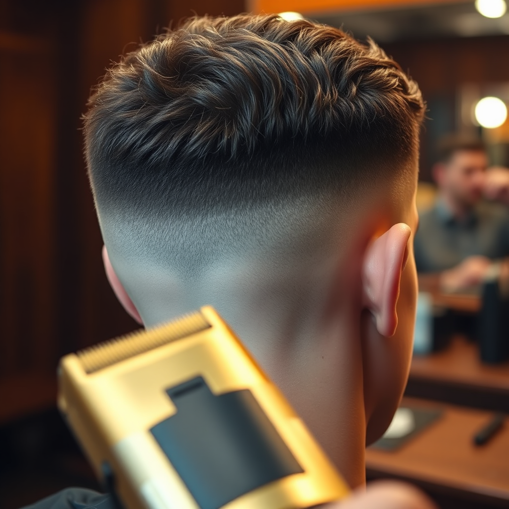 Fresh fade under warm shop lighting with brass tools in frame