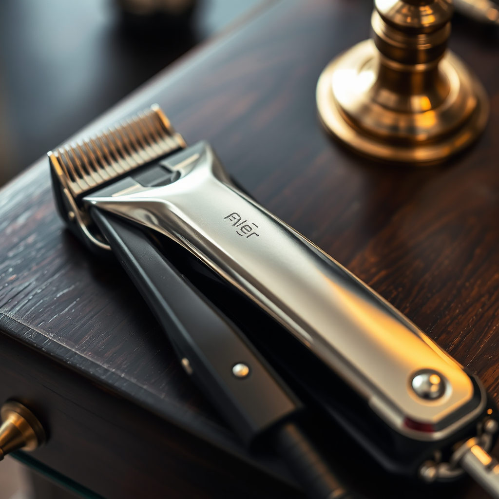 Shiny clippers resting on a wooden station