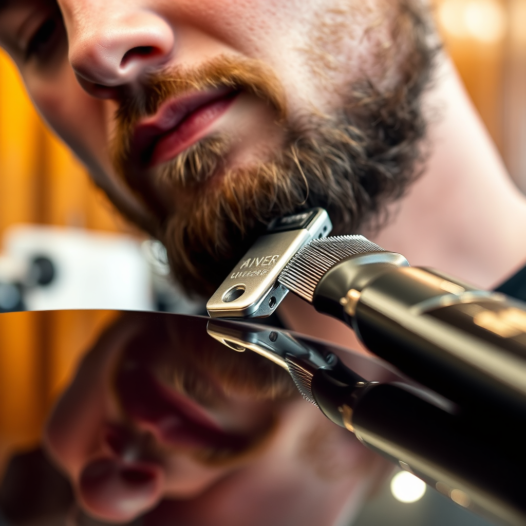 Beard shaping with focused lighting and brass accents