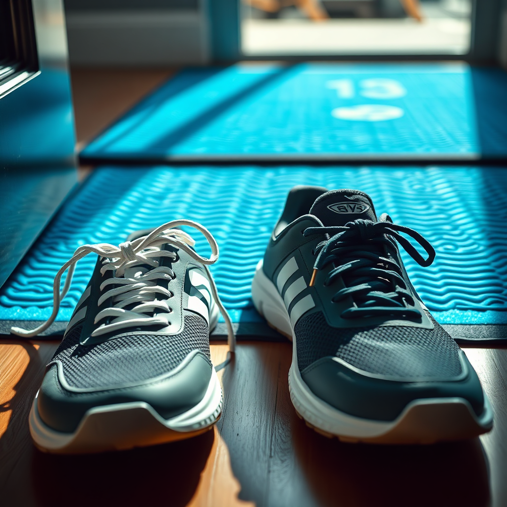 Athletic shoes on mat