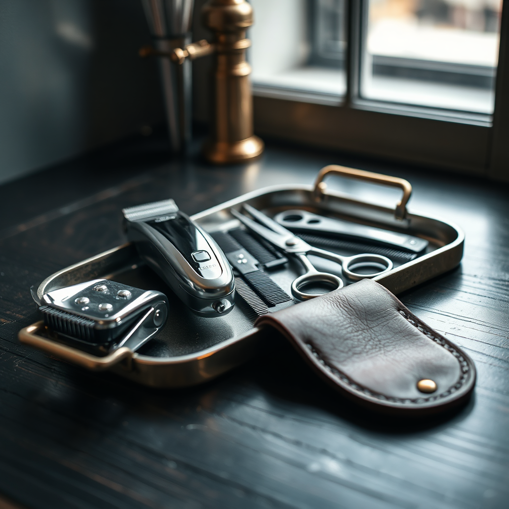 Barber with professional tools: clippers, scissors, combs arranged on a tray