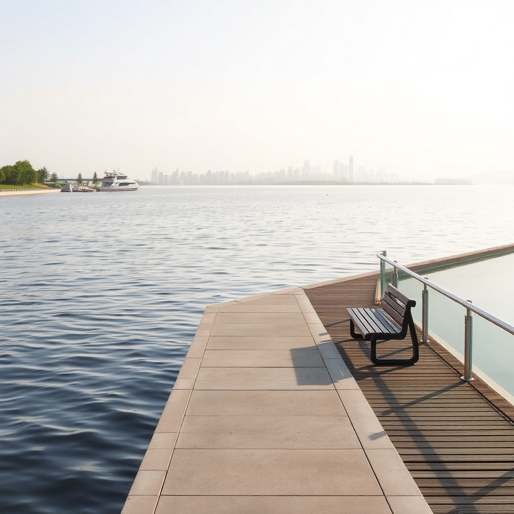 Serene lakeside boardwalk scene