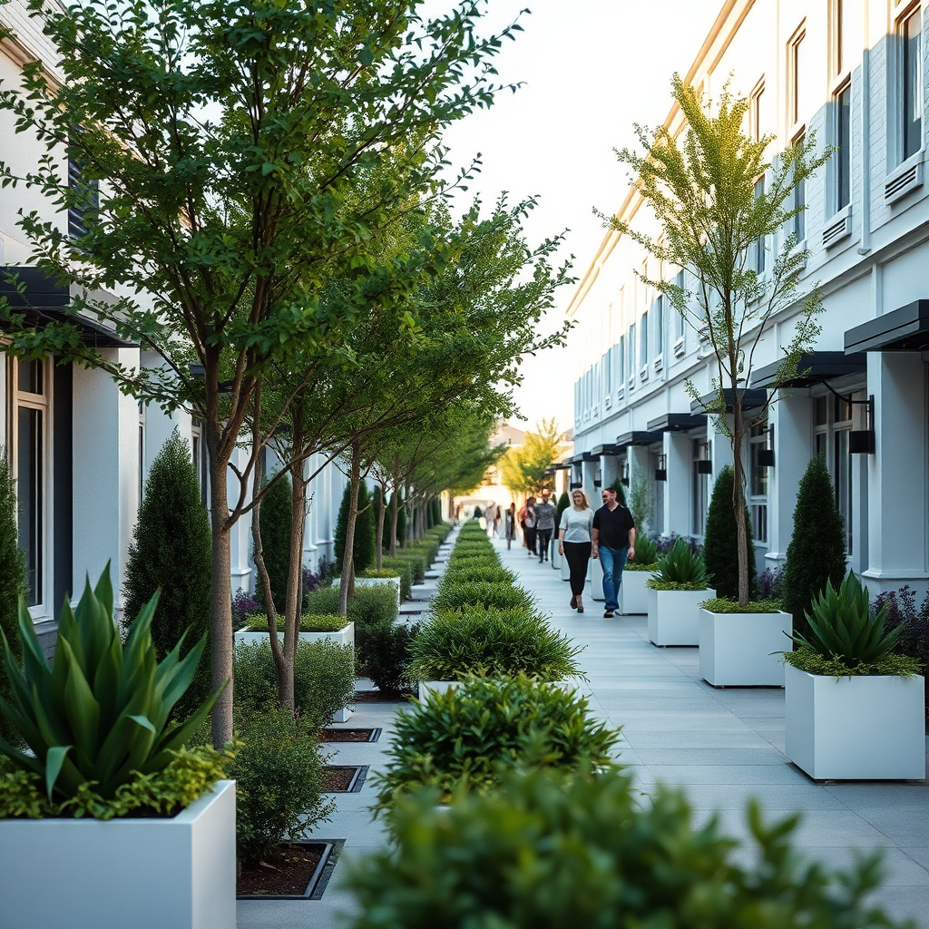 Upscale garden-lined streetscape