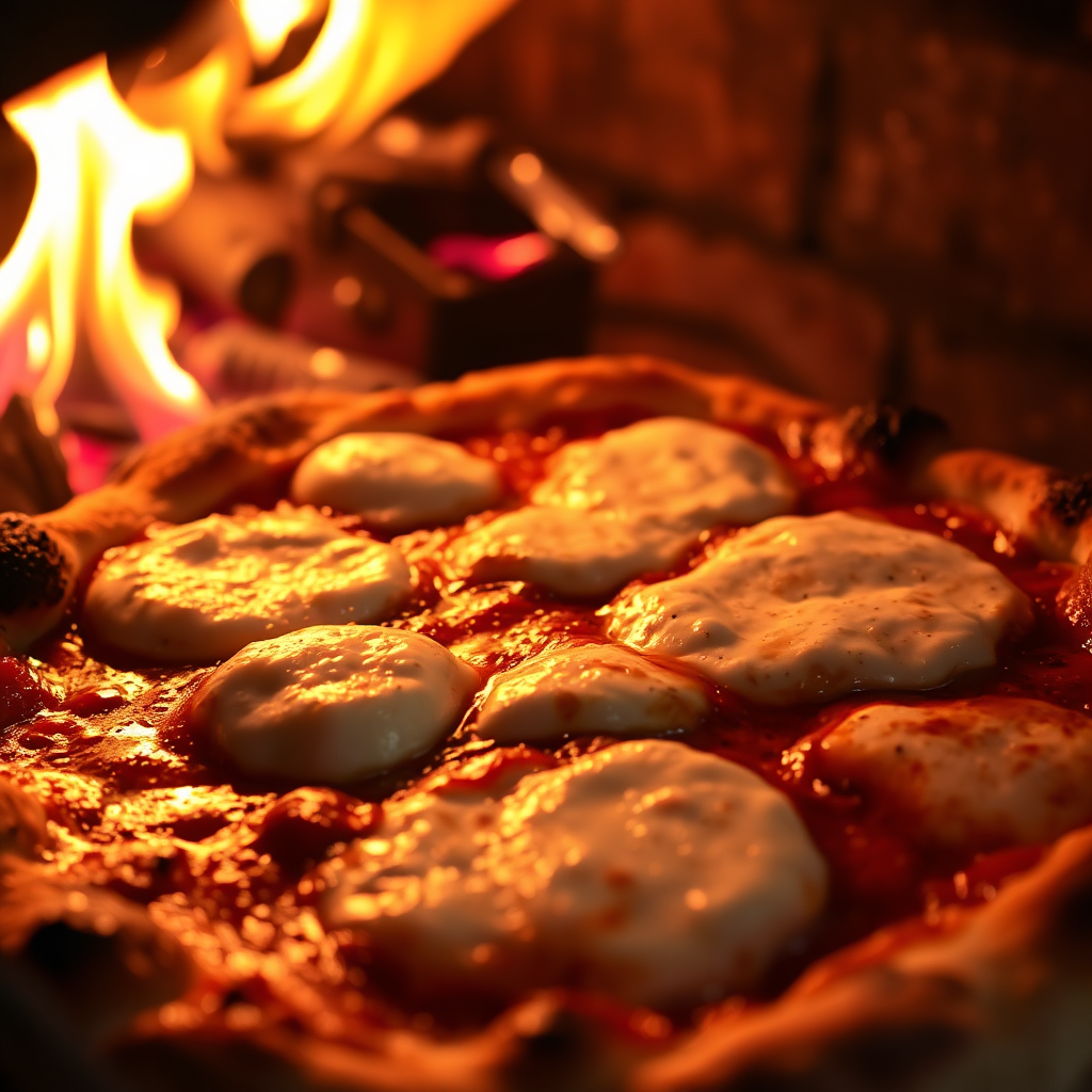 Pizza bubbling in wood-fired oven