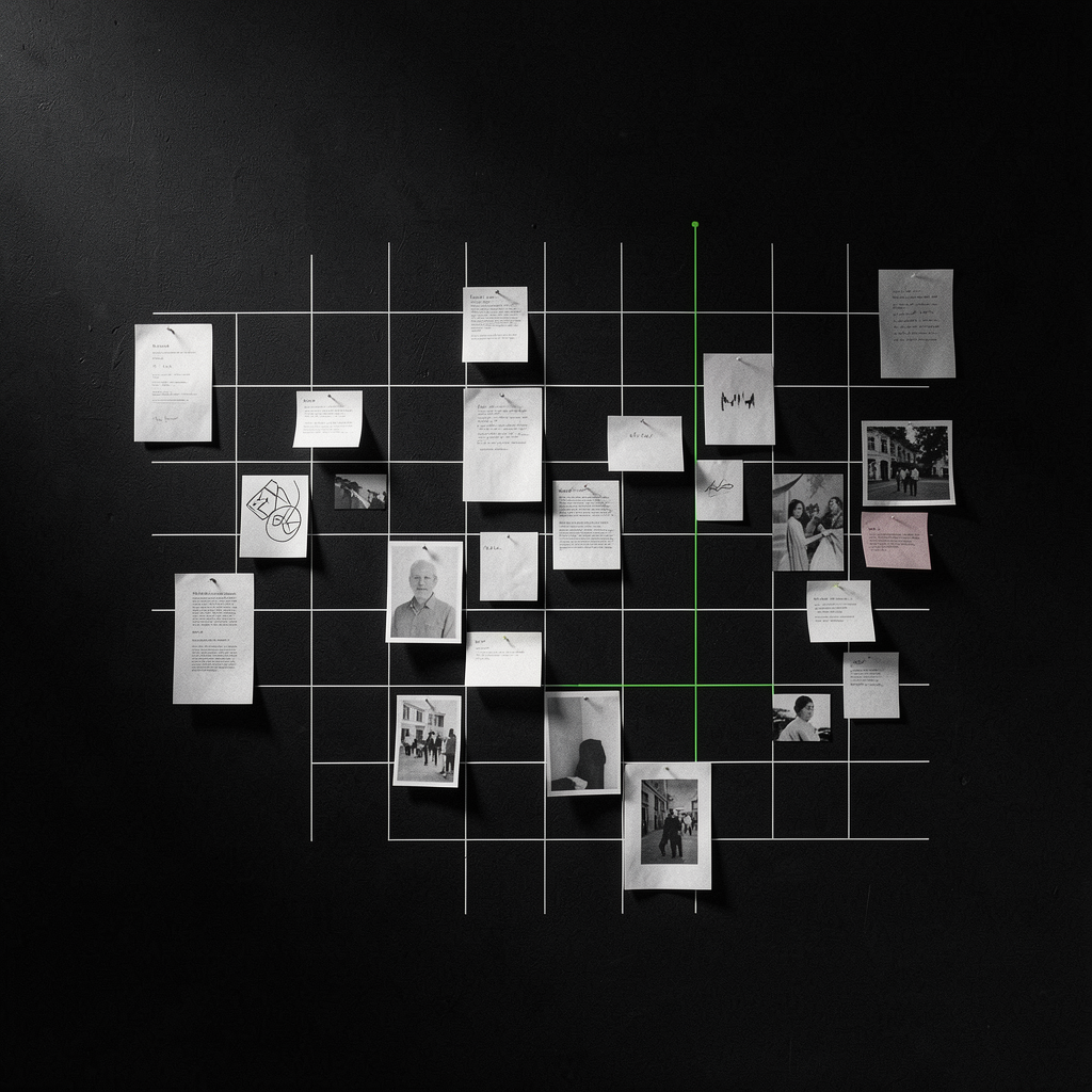 Abstract research notes arranged on a dark wall