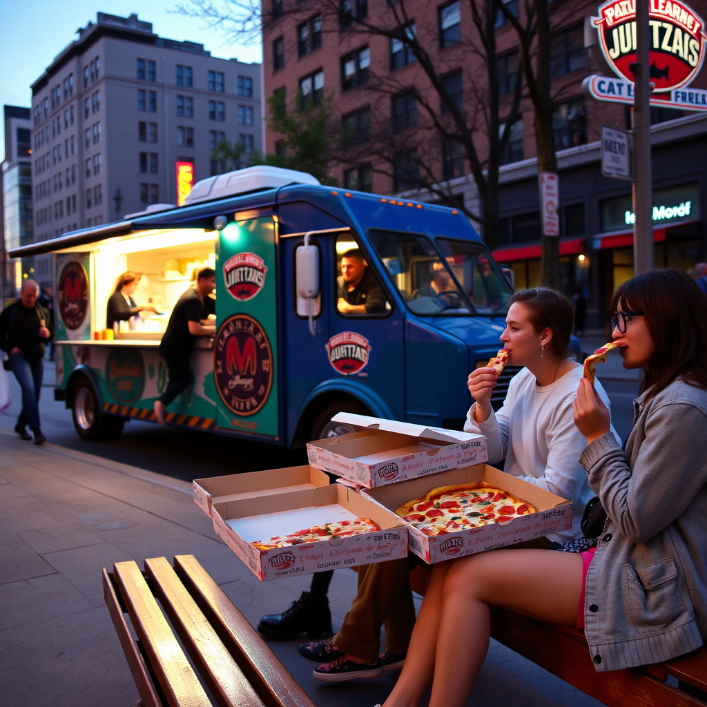 Friends eating food truck pizza