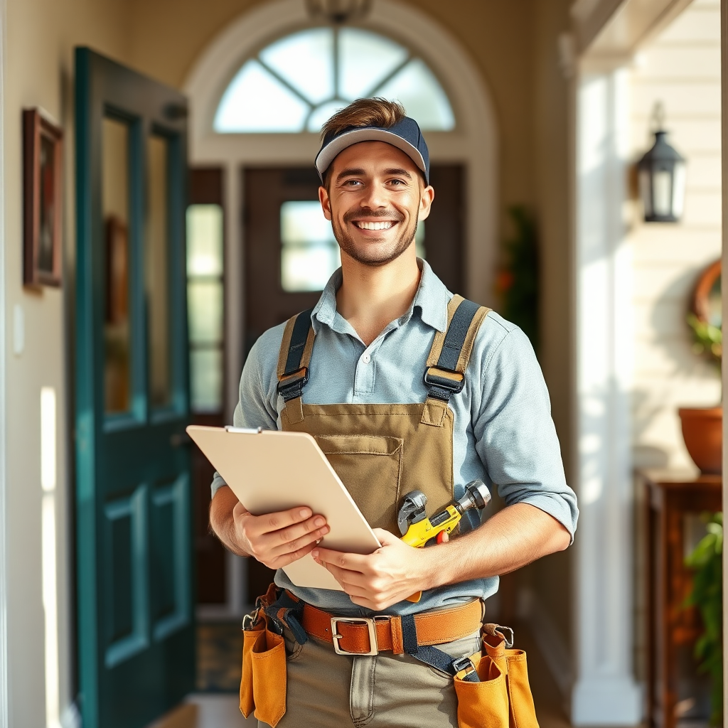 Friendly handyman with clipboard