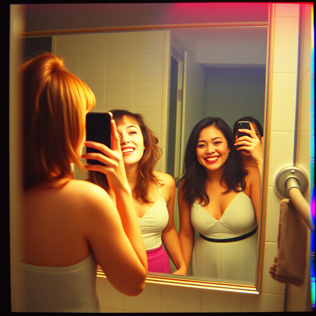 Bathroom mirror VHS still, warped reflection