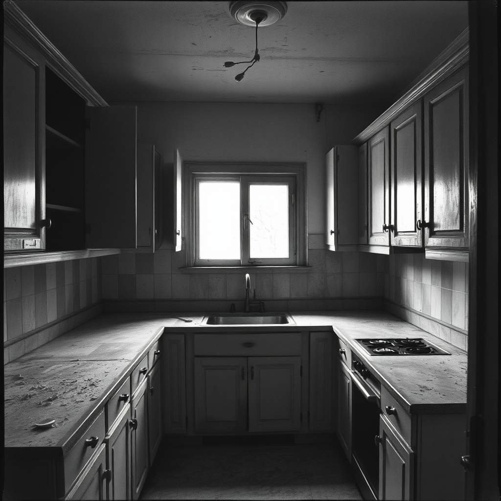 Derelict kitchen, empty counters