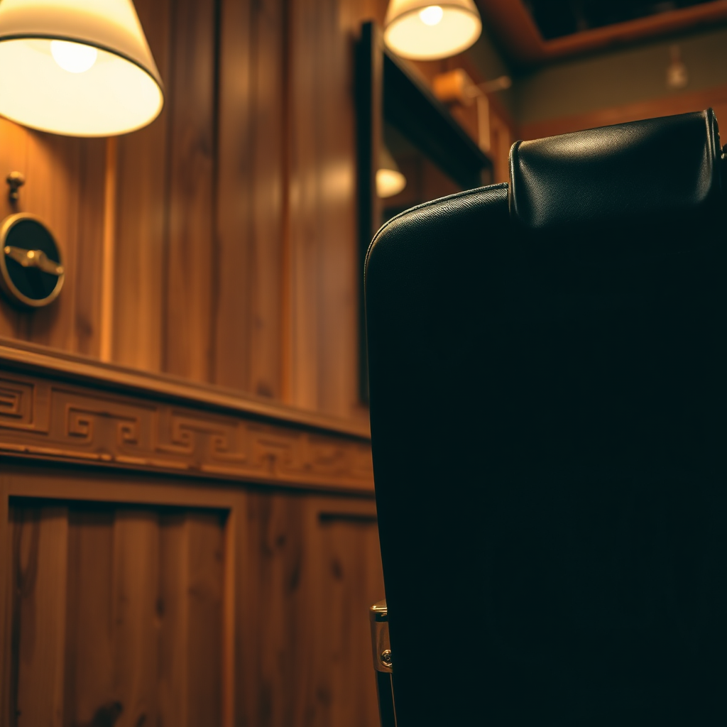 Warm wood interior with copper/brass accents and a barber chair