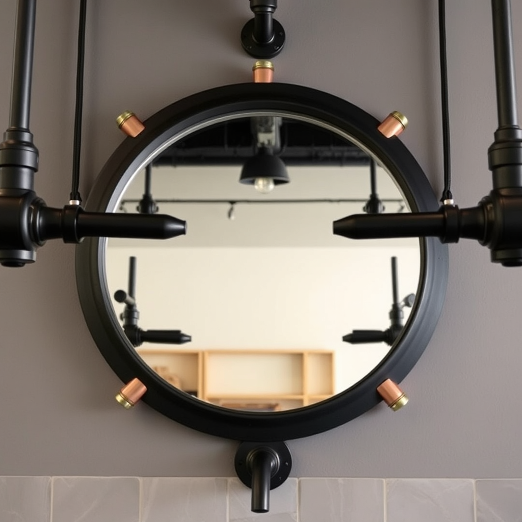 Matte black fixtures with copper accents and mirrors