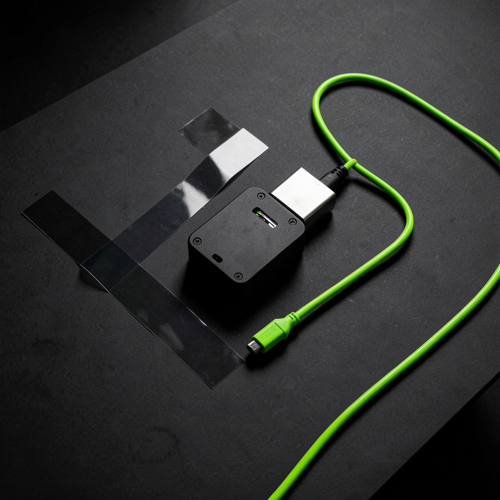 Dark modular device and green cable on a tabletop