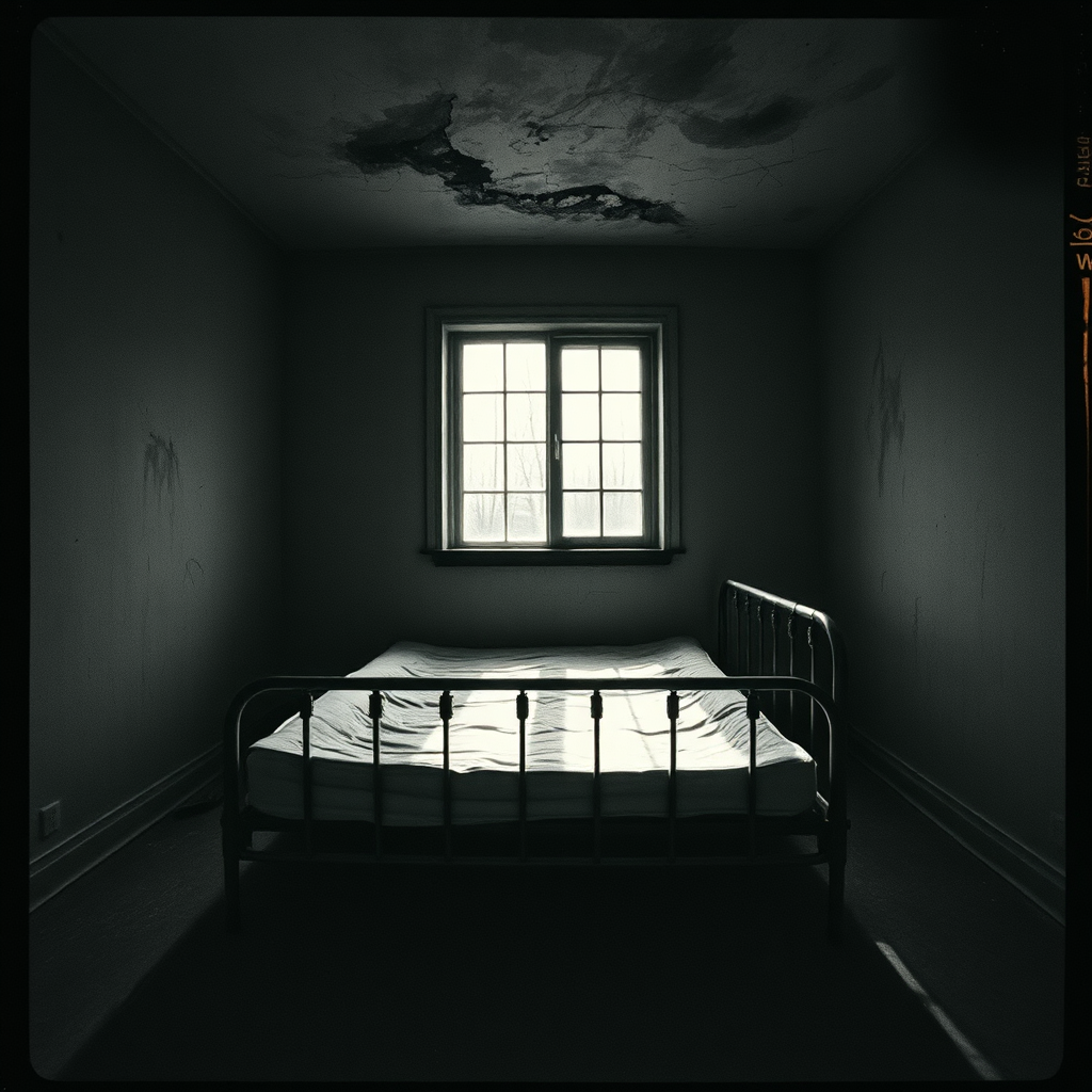 Abandoned bedroom, cracked ceiling