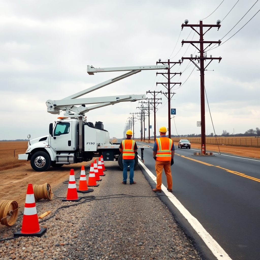 Telecom bucket truck crew working under overhead lines