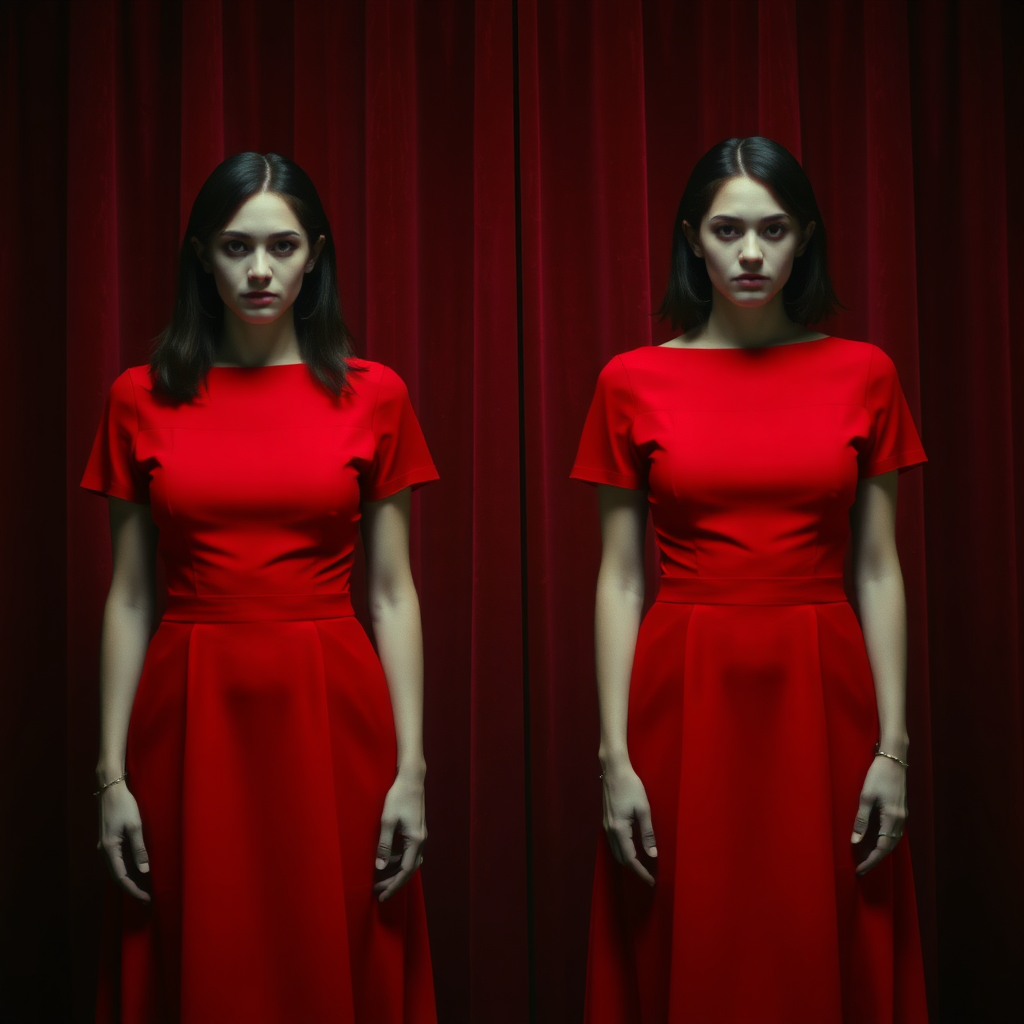 Two women in red, faces blurred