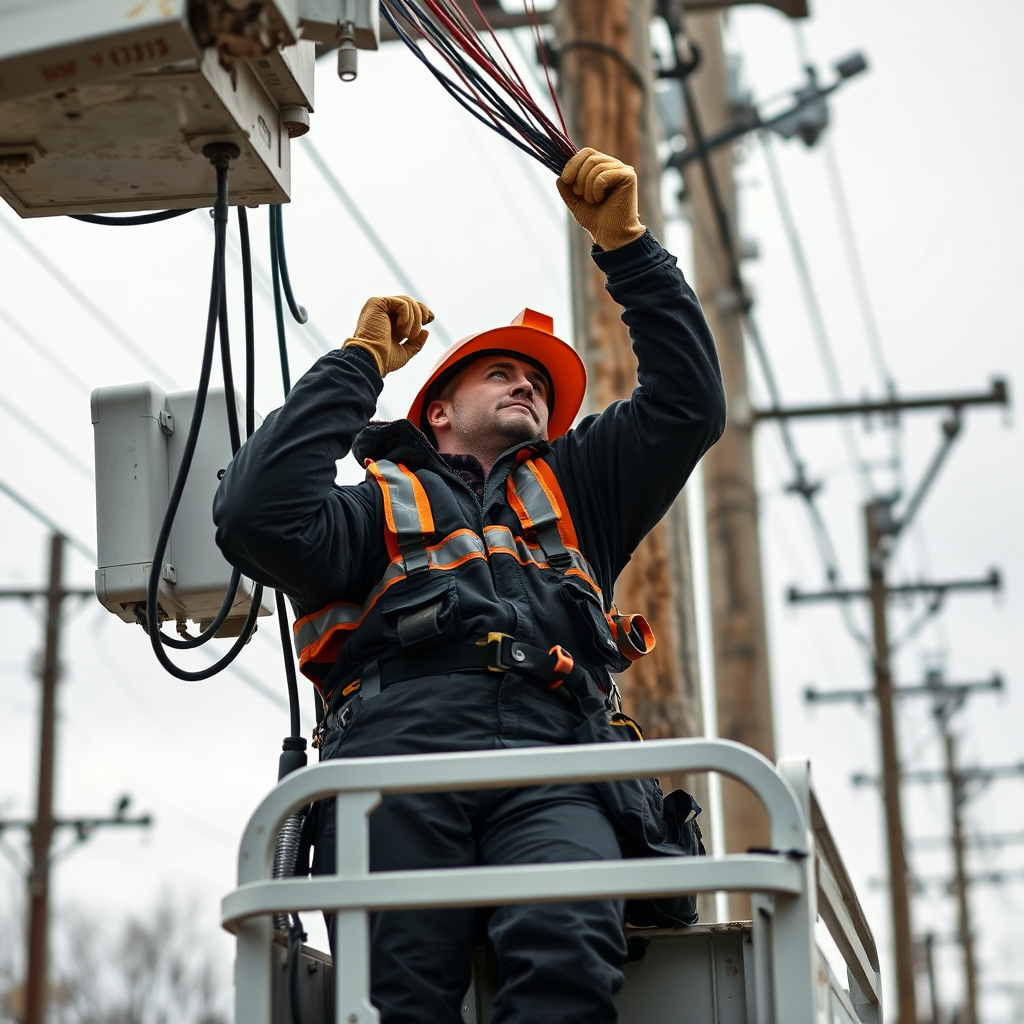 Technician working on overhead communication cable