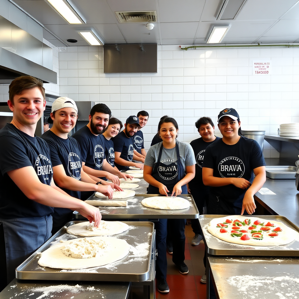 Smiling staff making pizza