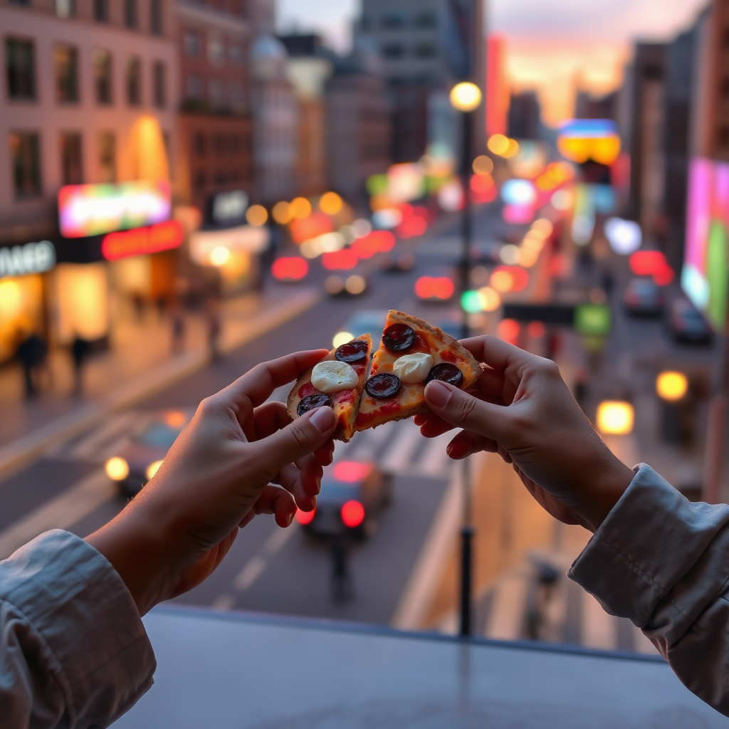 Sharing a slice at twilight