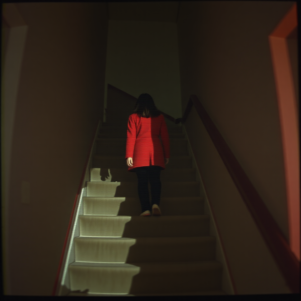 Tape still: woman in red, impossible shadow