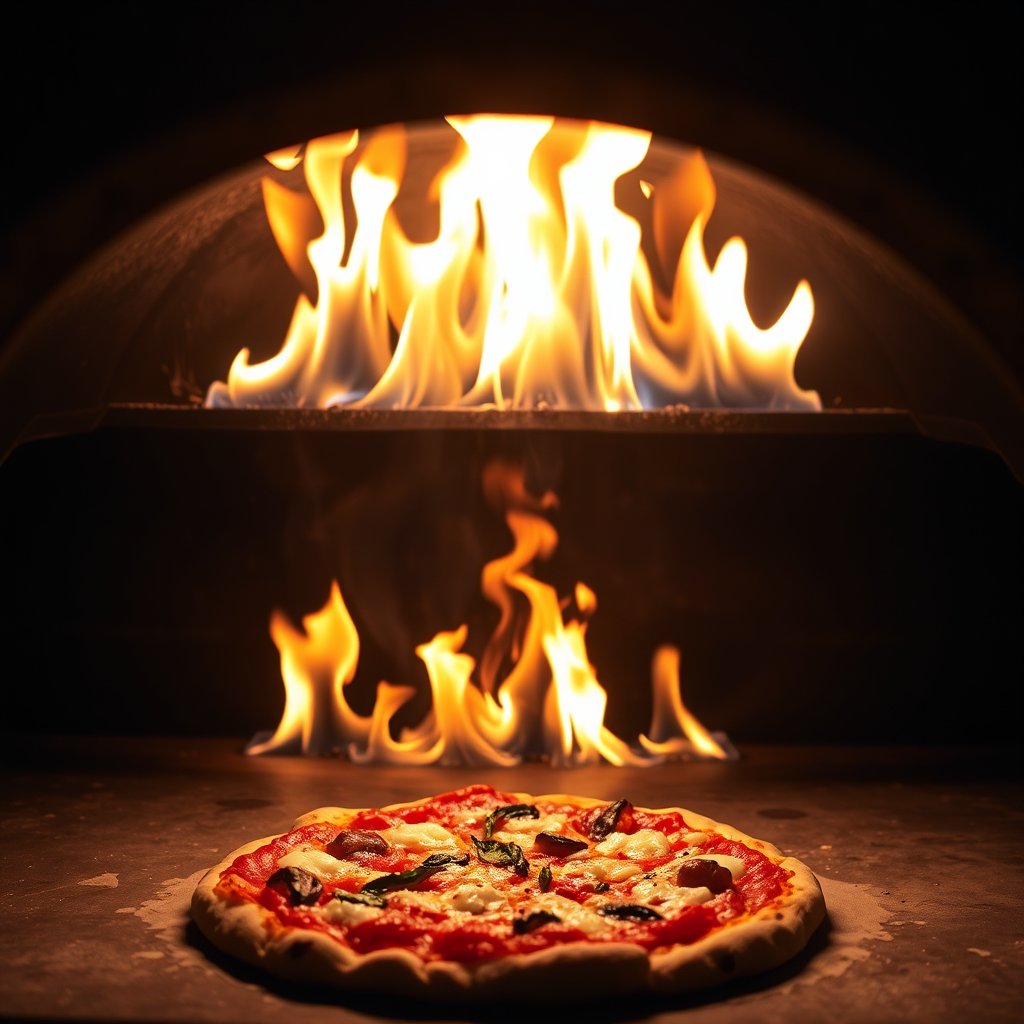 Pizza baking in oven