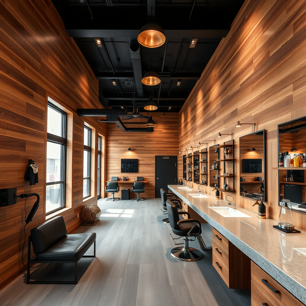 Wide shot of warm wood walls and brass fixtures