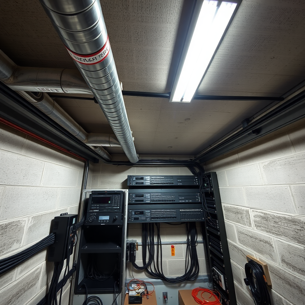 Commercial telecom room with conduit and racks