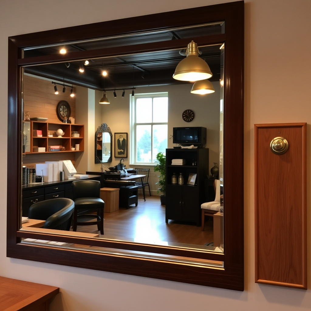 Mirrors and workstation reflecting warm ambience