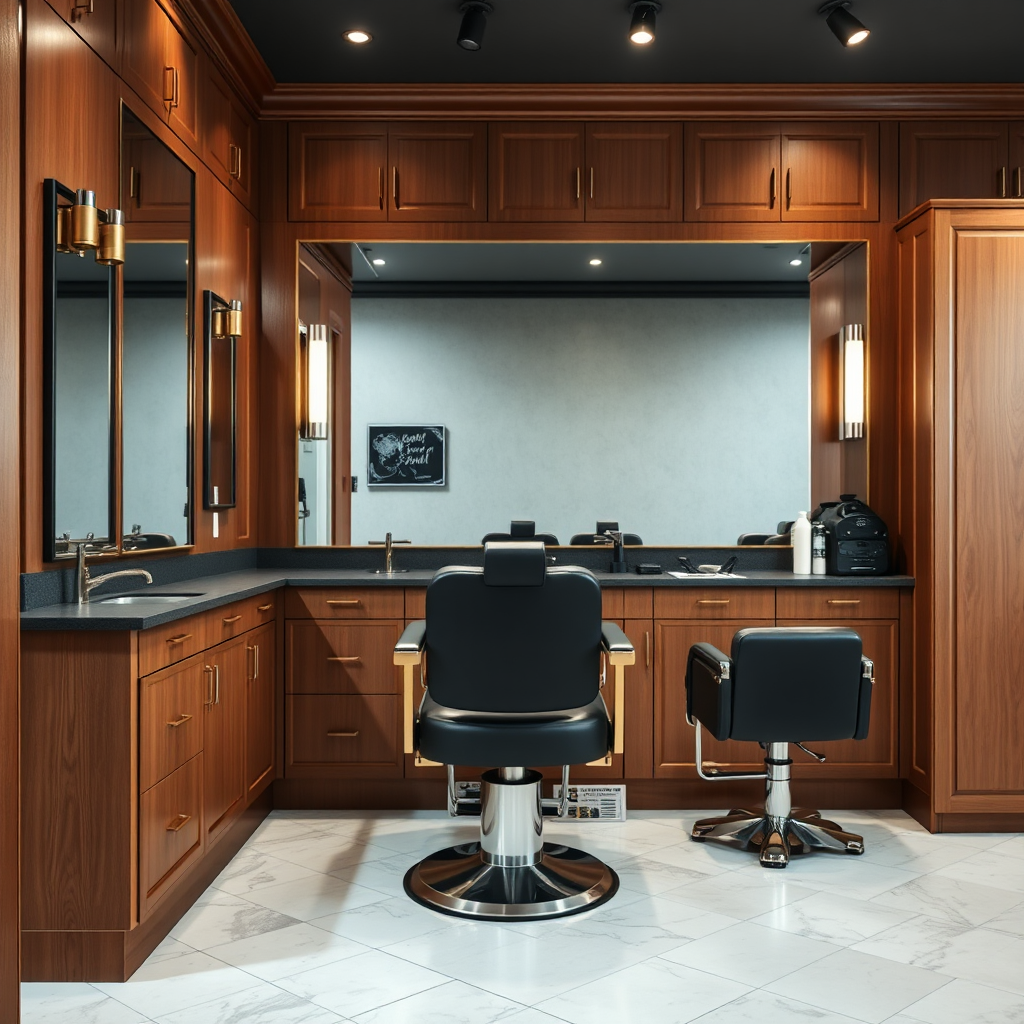 Classic barber station with mirror, brass accents, and cutting chair