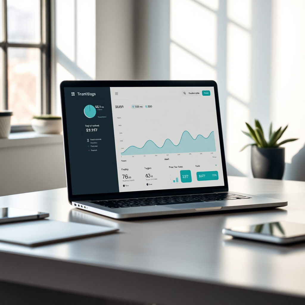Workspace with laptop showing a minimal progress dashboard