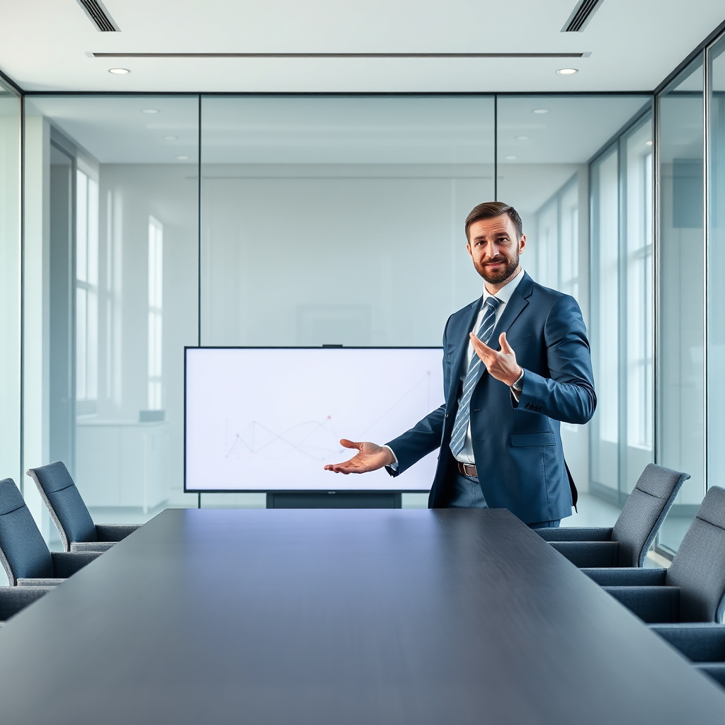 Hero illustration: business presentation in a modern conference room