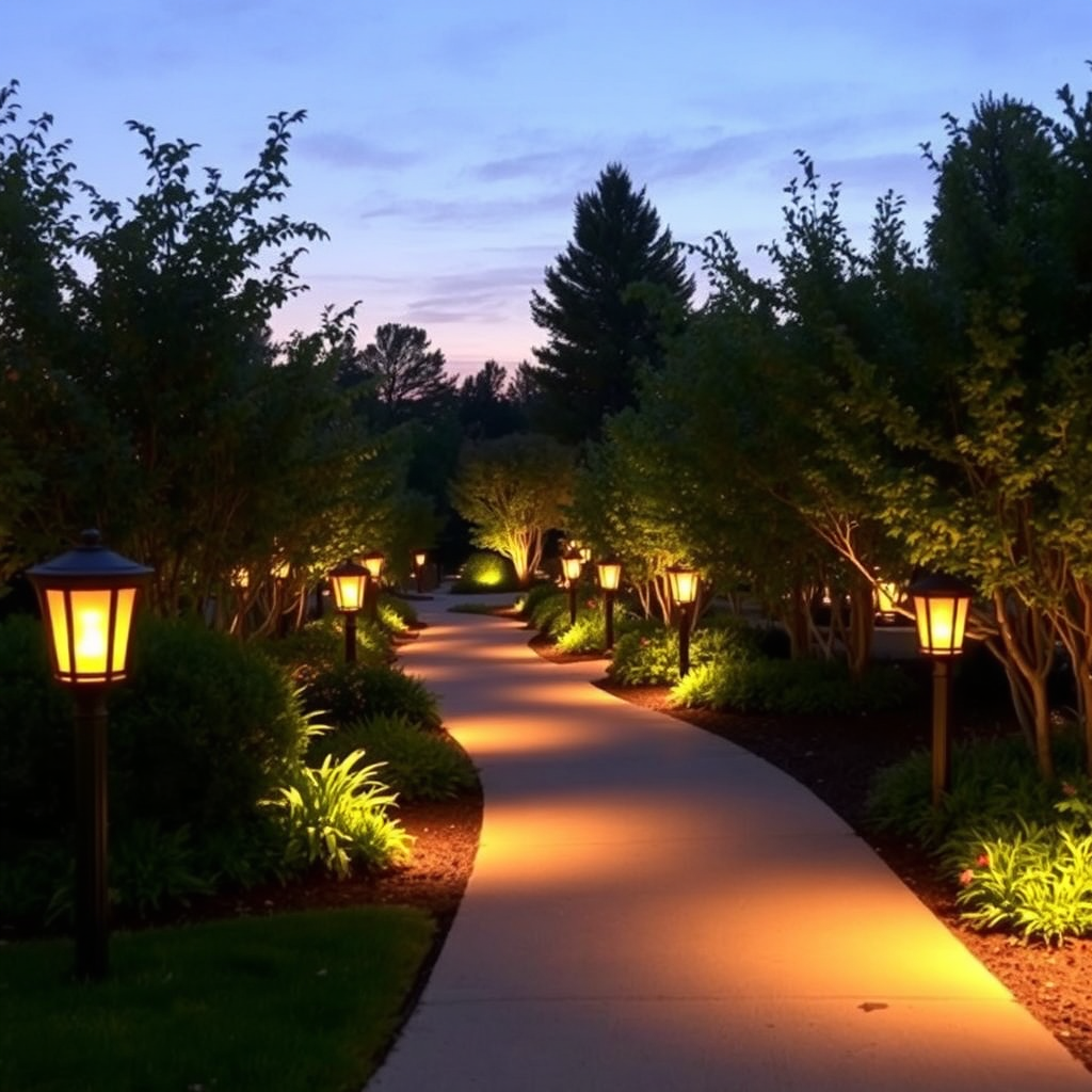 Lit garden pathway with bollard lights
