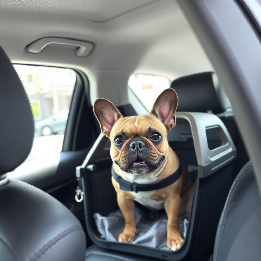 Dog in a pet carrier in a car