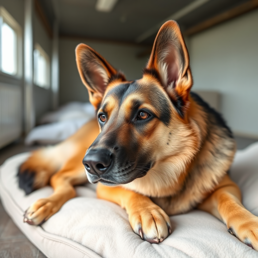German Shepherd resting in a kennel