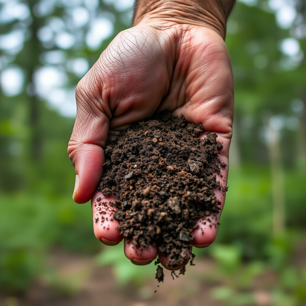 Hand holding rich soil from timberland