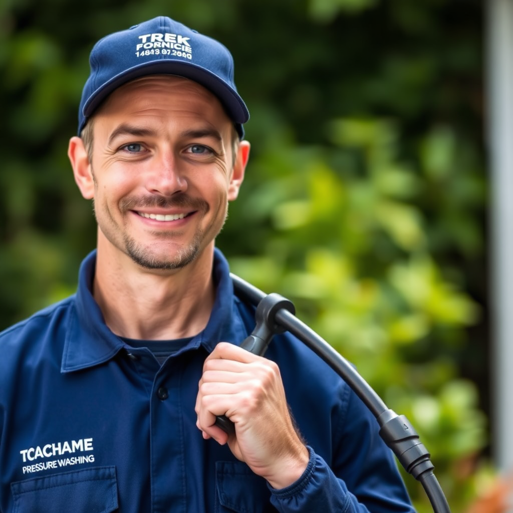 Confident pressure washing worker