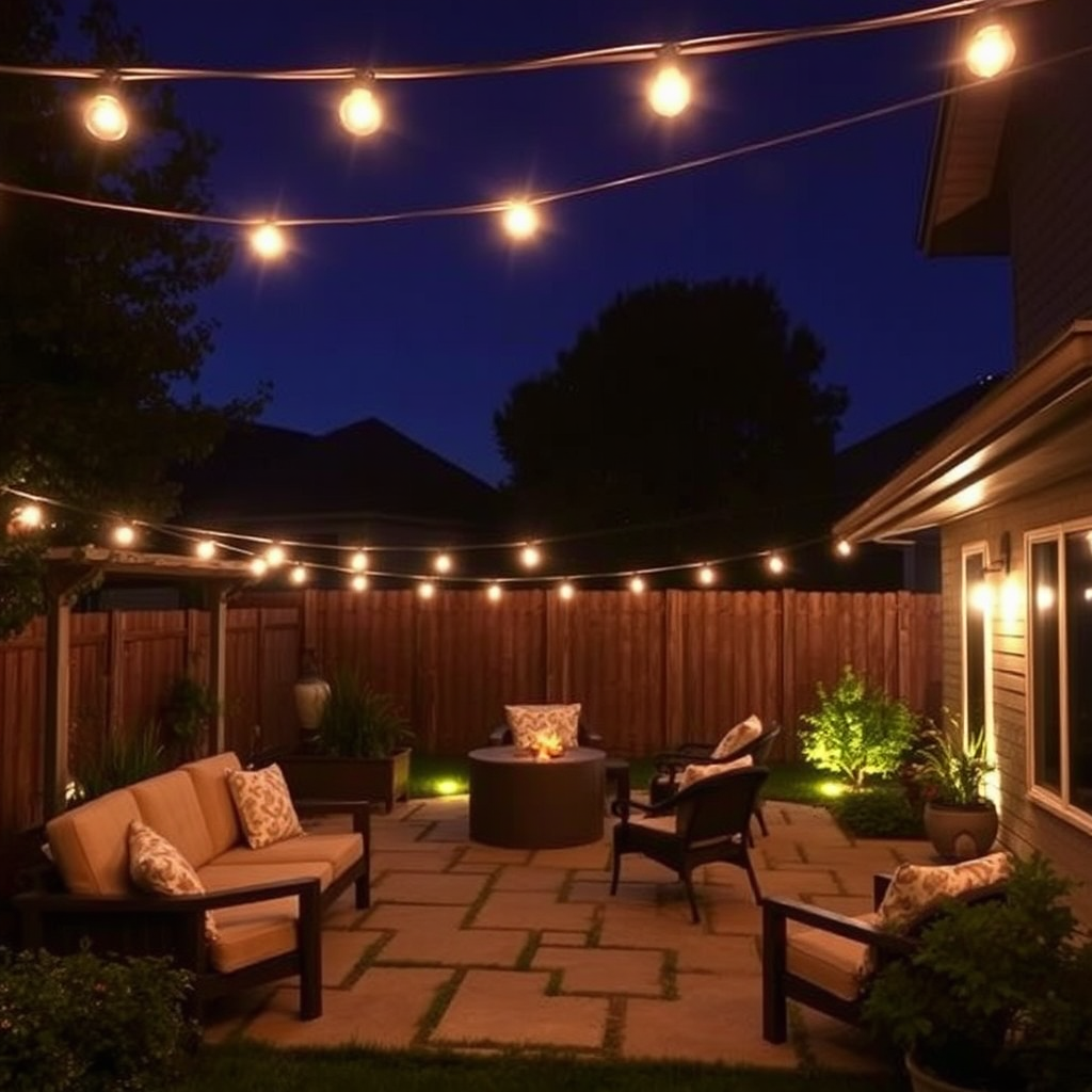 Backyard patio with string lights