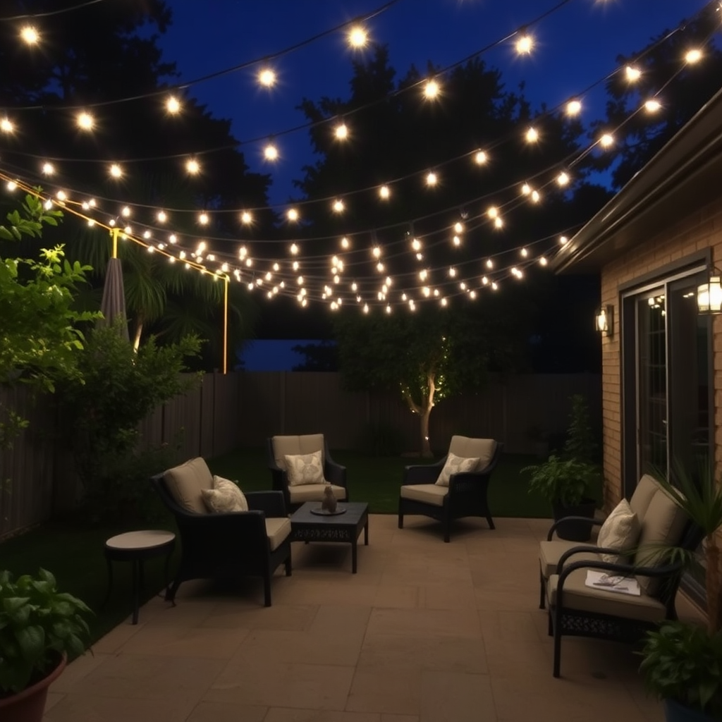 Backyard patio with string lights