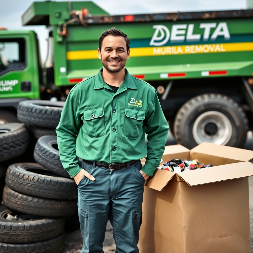 Worker with tires and junk